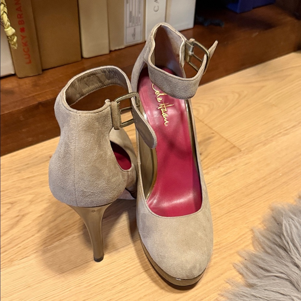 Cole Haan Nike Air Beige Suede Heels with Ankle Strap and platform